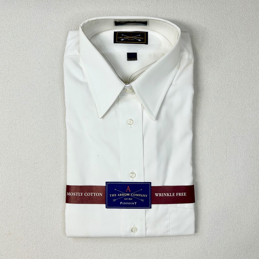 ARROW White DRESS SHIRT Wrinkle Free Pinpoint Neck 16.5 Sleeve 34/35 Size Large